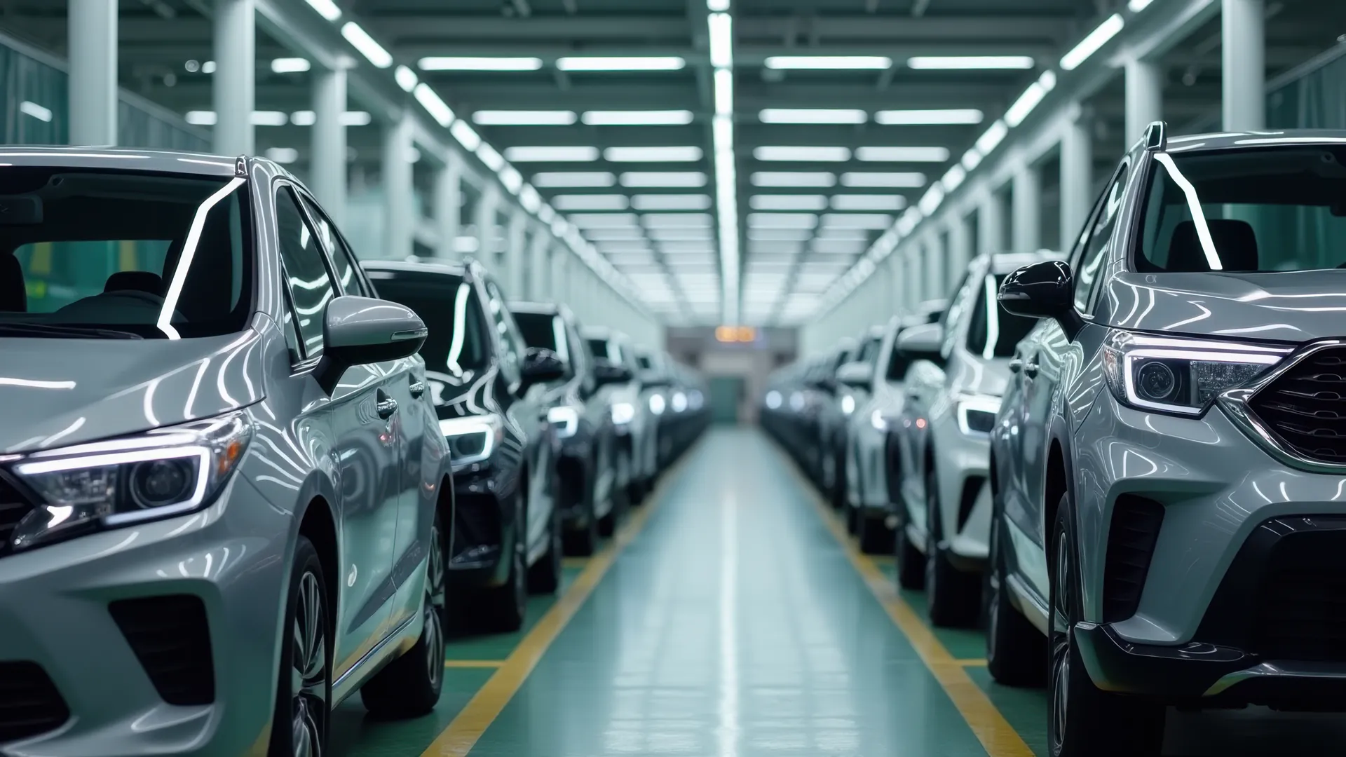 Modern automotive assembly line with vehicles in production
