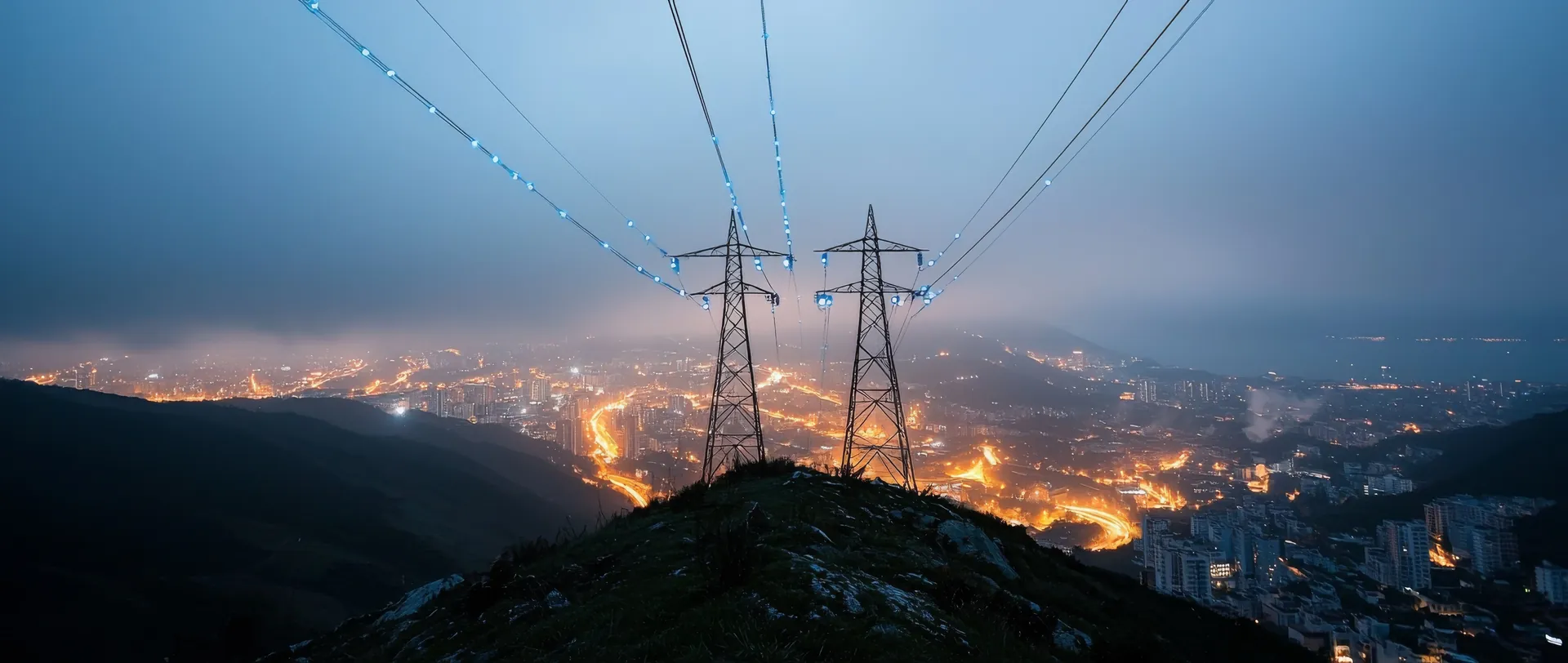 High-voltage power transmission lines at sunset