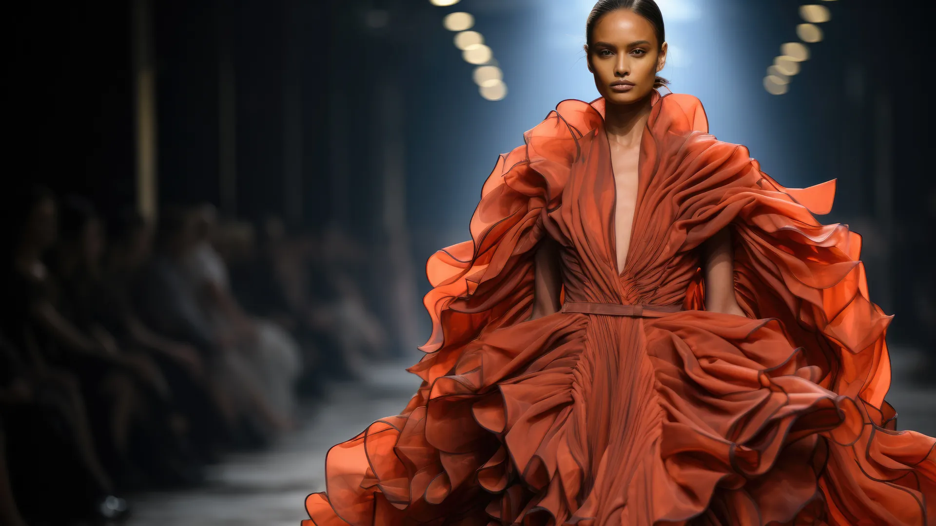 Runway model in black tulle and orange ruffle skirt