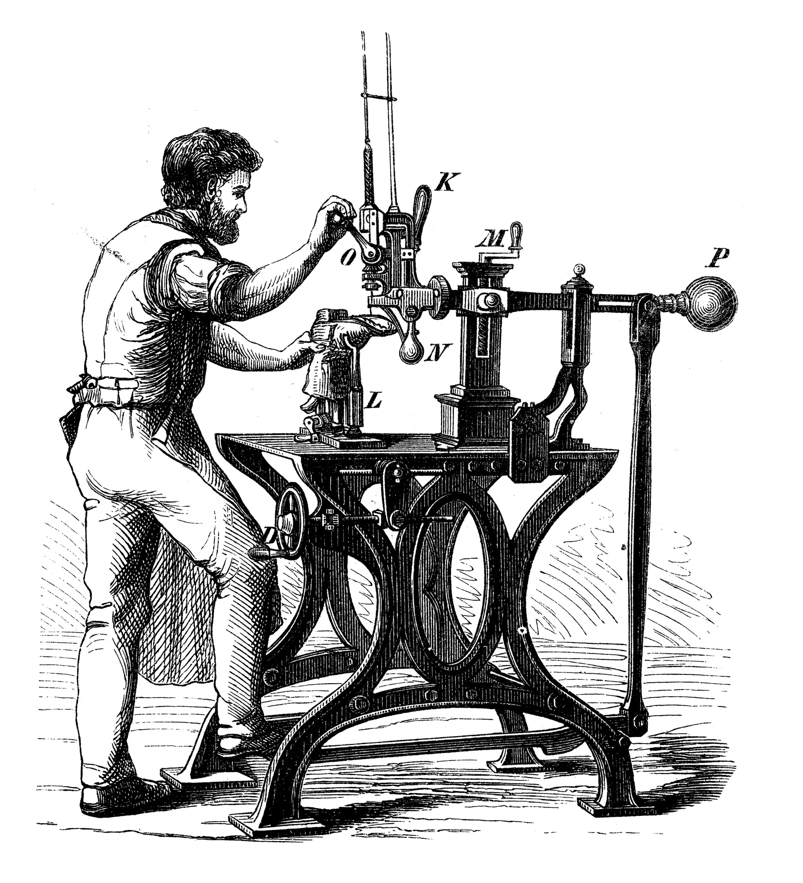 Vintage engraving of a craftsman operating a mechanical press
