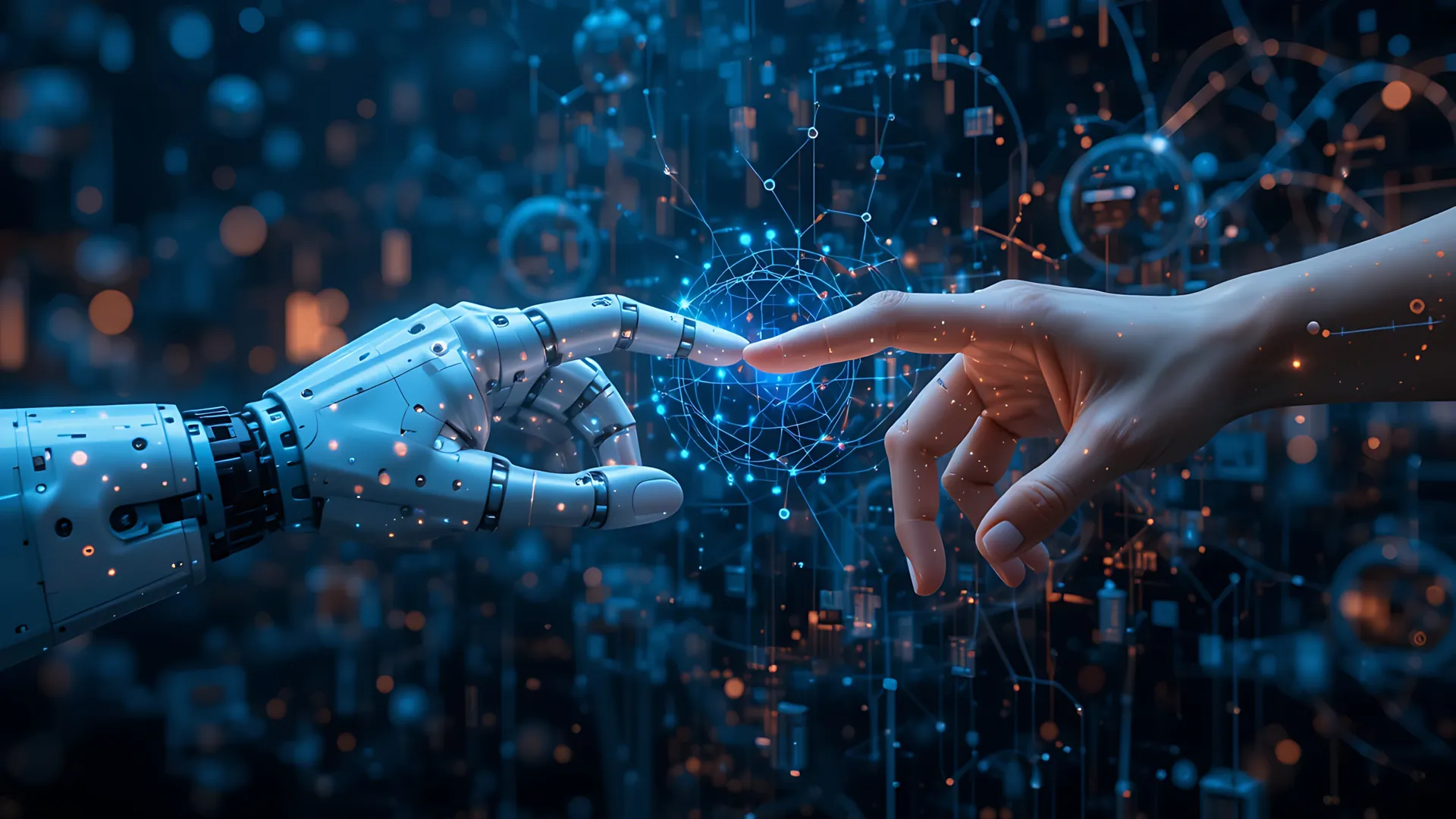 Robot hand and human hand touching in a digital connection