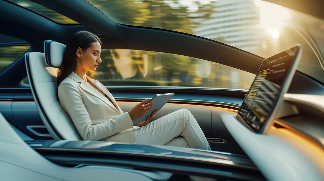 Woman reading on a tablet while travelling in a car